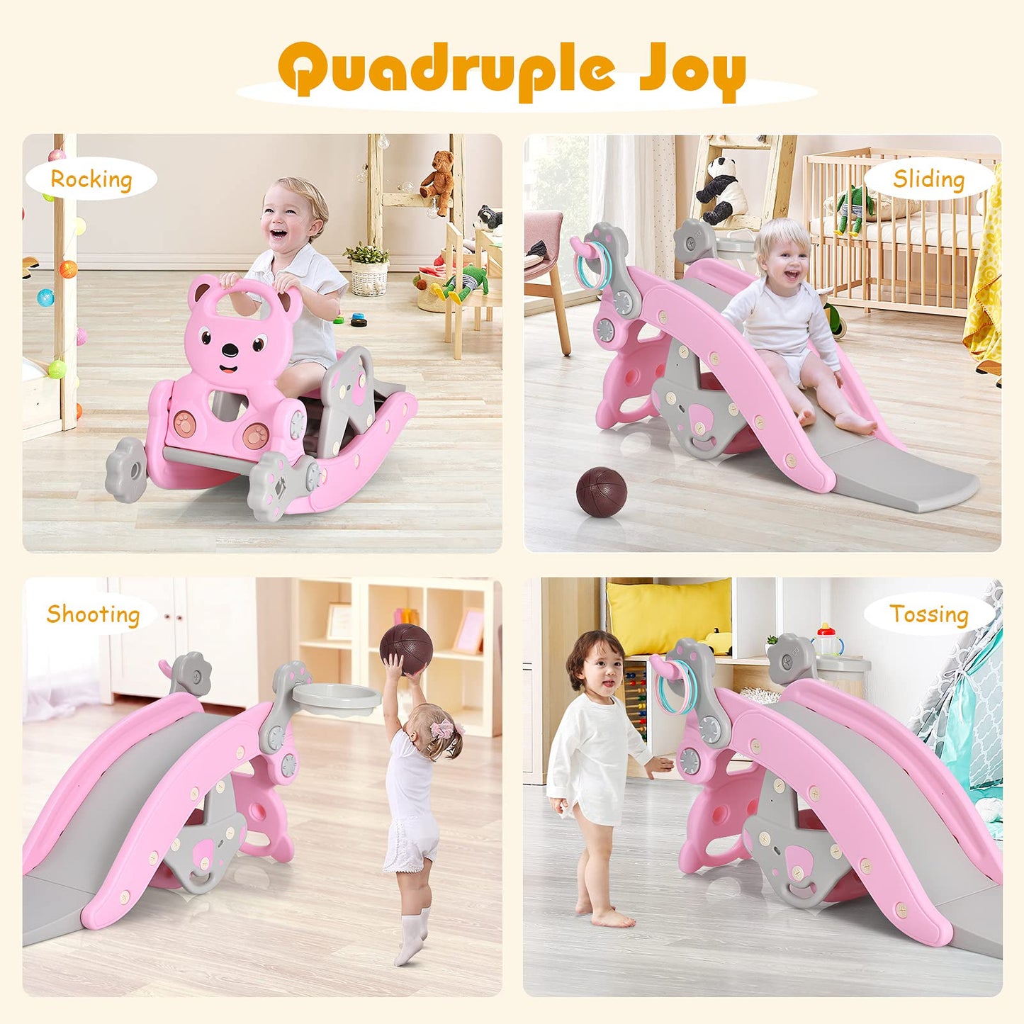 Livendoa™ 5-in-1 Kids Slide and Rocking Toy – Foldable Toddler Climber with Basketball Hoop and Ring Toss