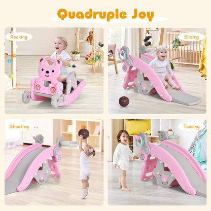Livendoa™ 5-in-1 Kids Slide and Rocking Toy – Foldable Toddler Climber with Basketball Hoop and Ring Toss