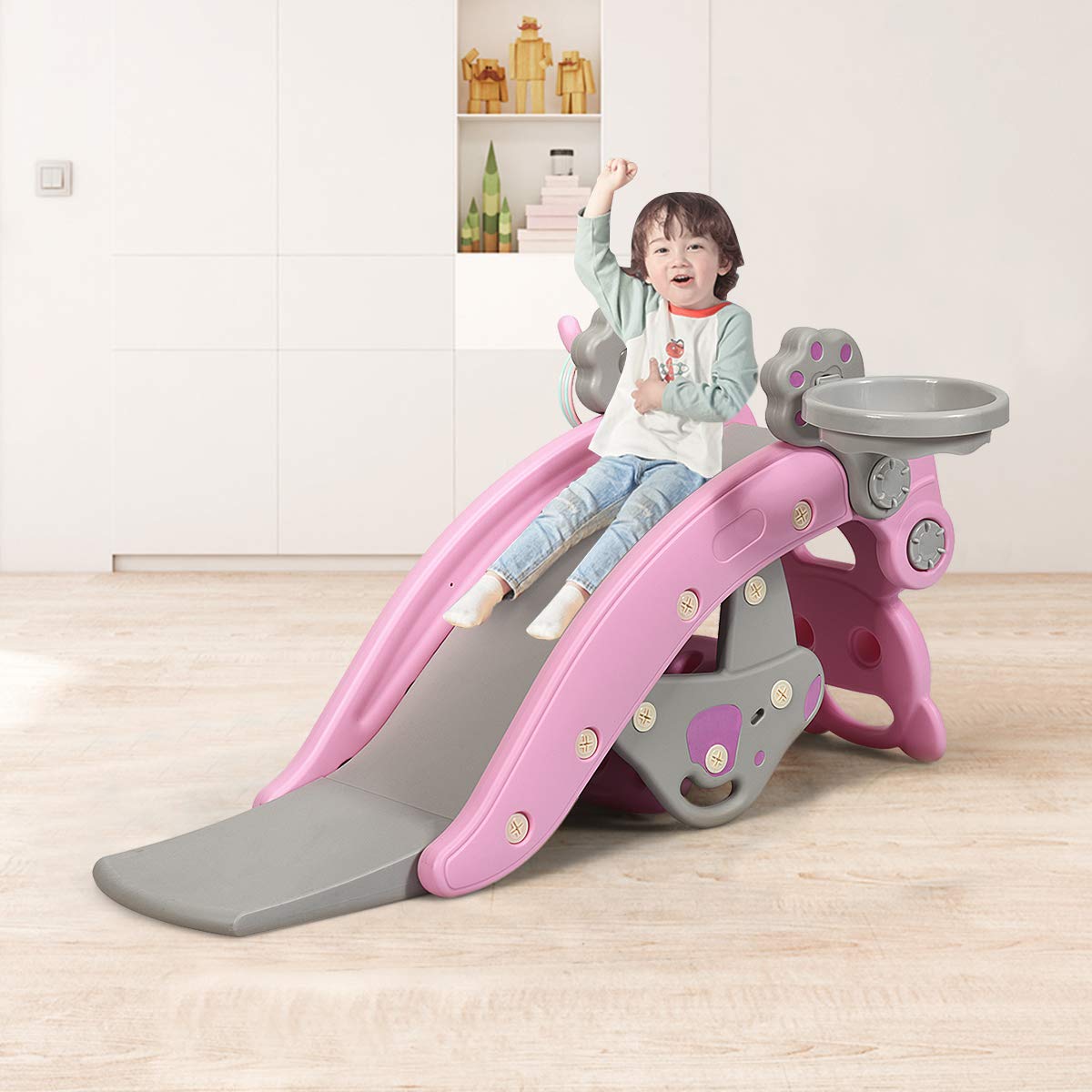Livendoa™ 5-in-1 Kids Slide and Rocking Toy – Foldable Toddler Climber with Basketball Hoop and Ring Toss