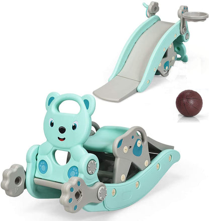 Livendoa™ 5-in-1 Kids Slide and Rocking Toy – Foldable Toddler Climber with Basketball Hoop and Ring Toss