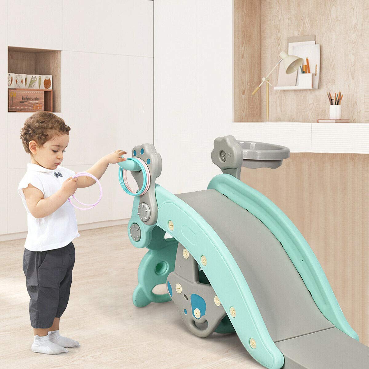 Livendoa™ 5-in-1 Kids Slide and Rocking Toy – Foldable Toddler Climber with Basketball Hoop and Ring Toss