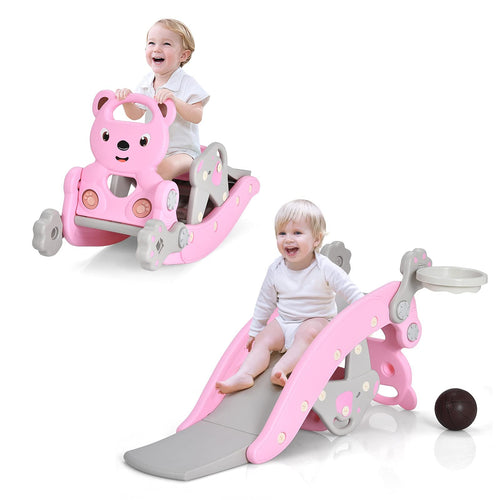 Livendoa™ 5-in-1 Kids Slide and Rocking Toy – Foldable Toddler Climber with Basketball Hoop and Ring Toss